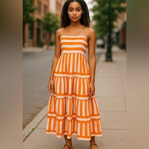 Vibrant Orange and White Strapless Dress